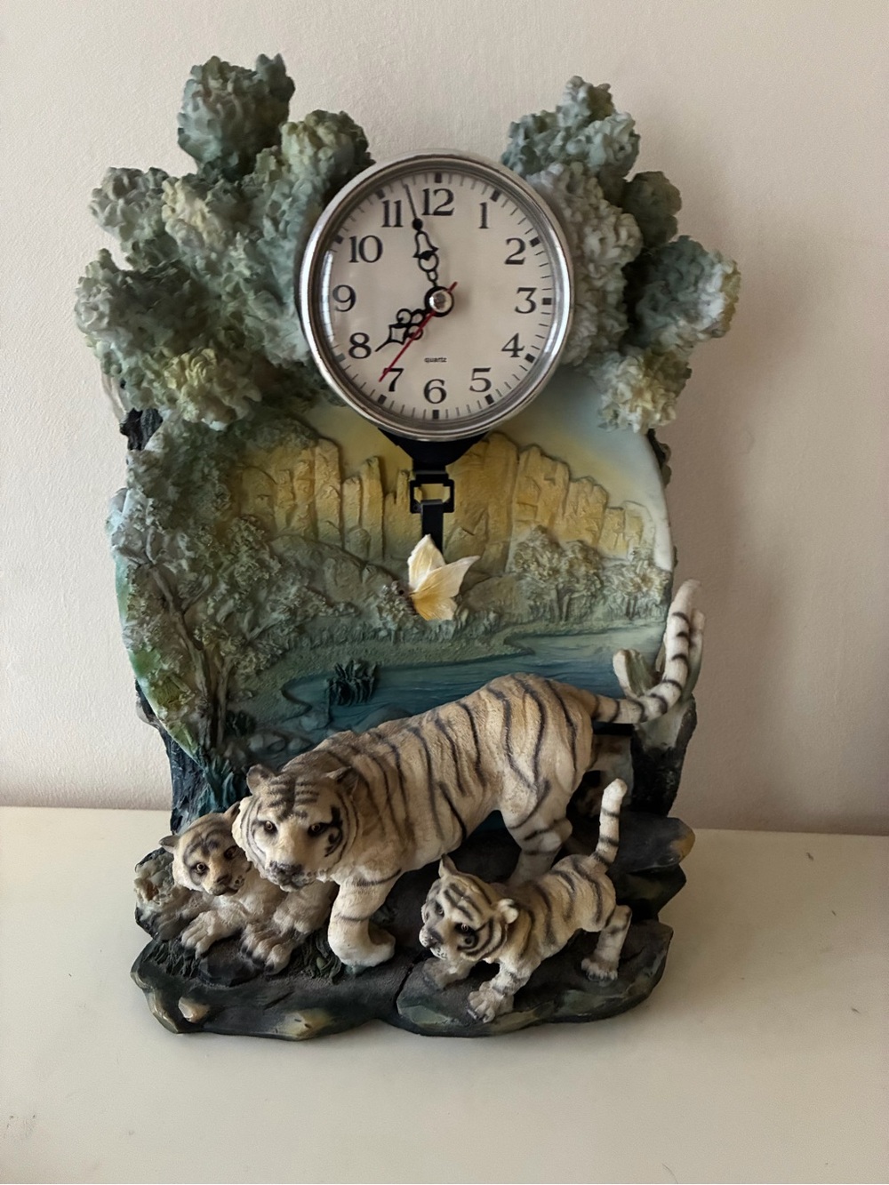 Decorative Tiger Family Wall Clock - White and Cream